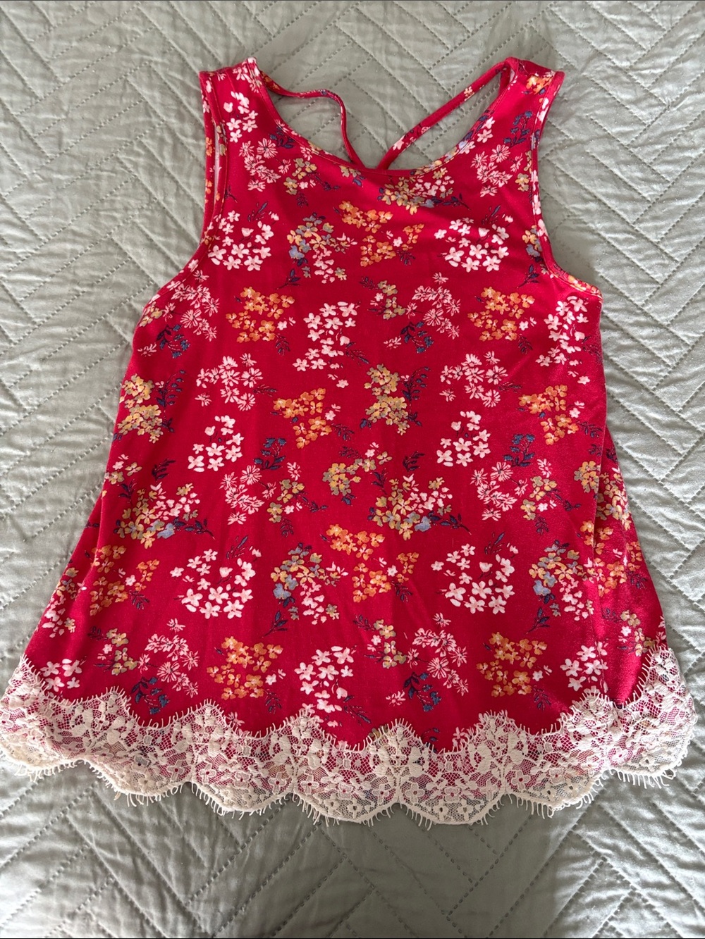 Rewind Red Floral Tank Top with Lace Hem